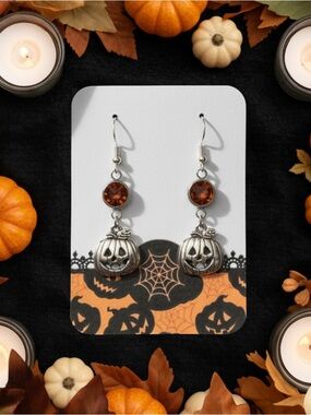New Handmade Silver-Tone Pumpkin Dangle Earrings with Iridescent Orange Gems